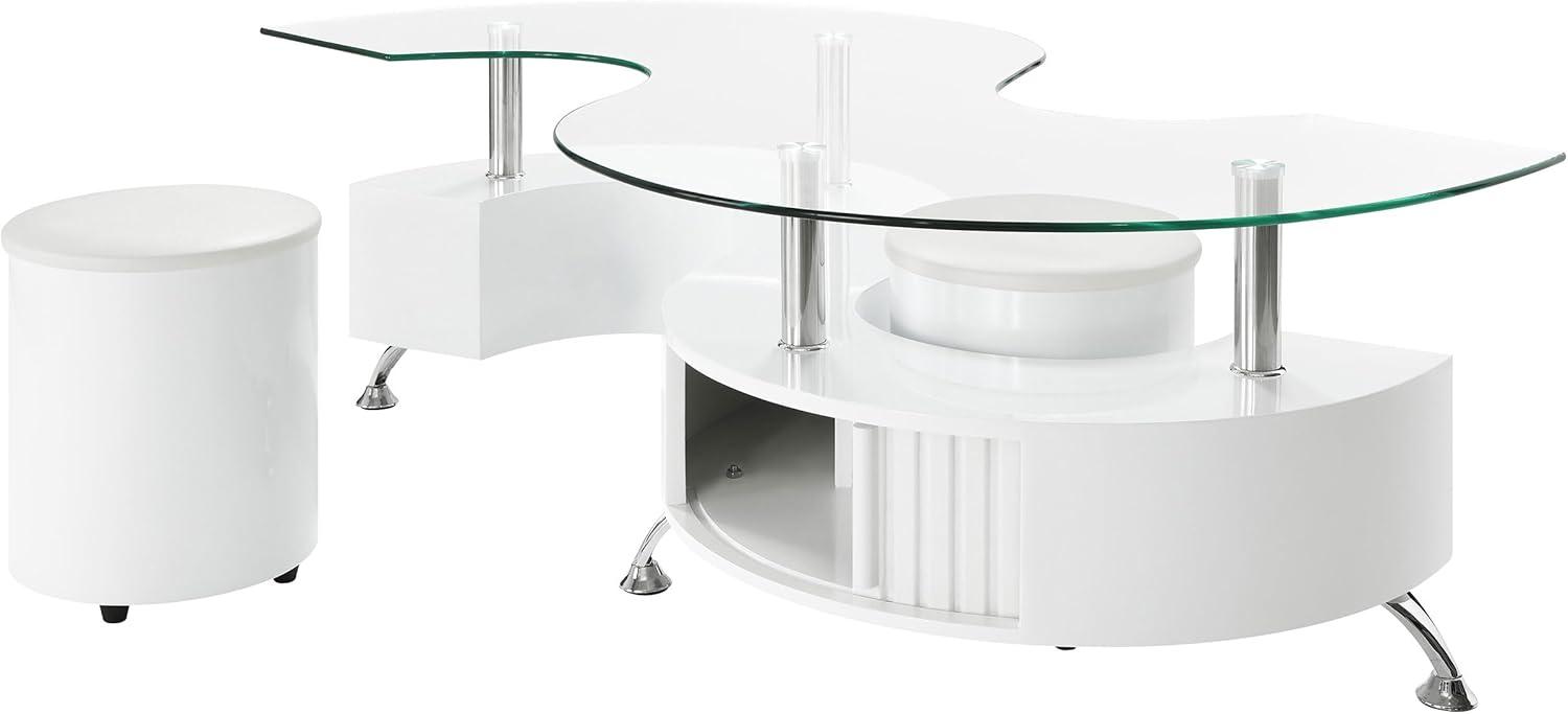 Coaster Buckley Wood Curved Glass Top Coffee Table With Stools in White