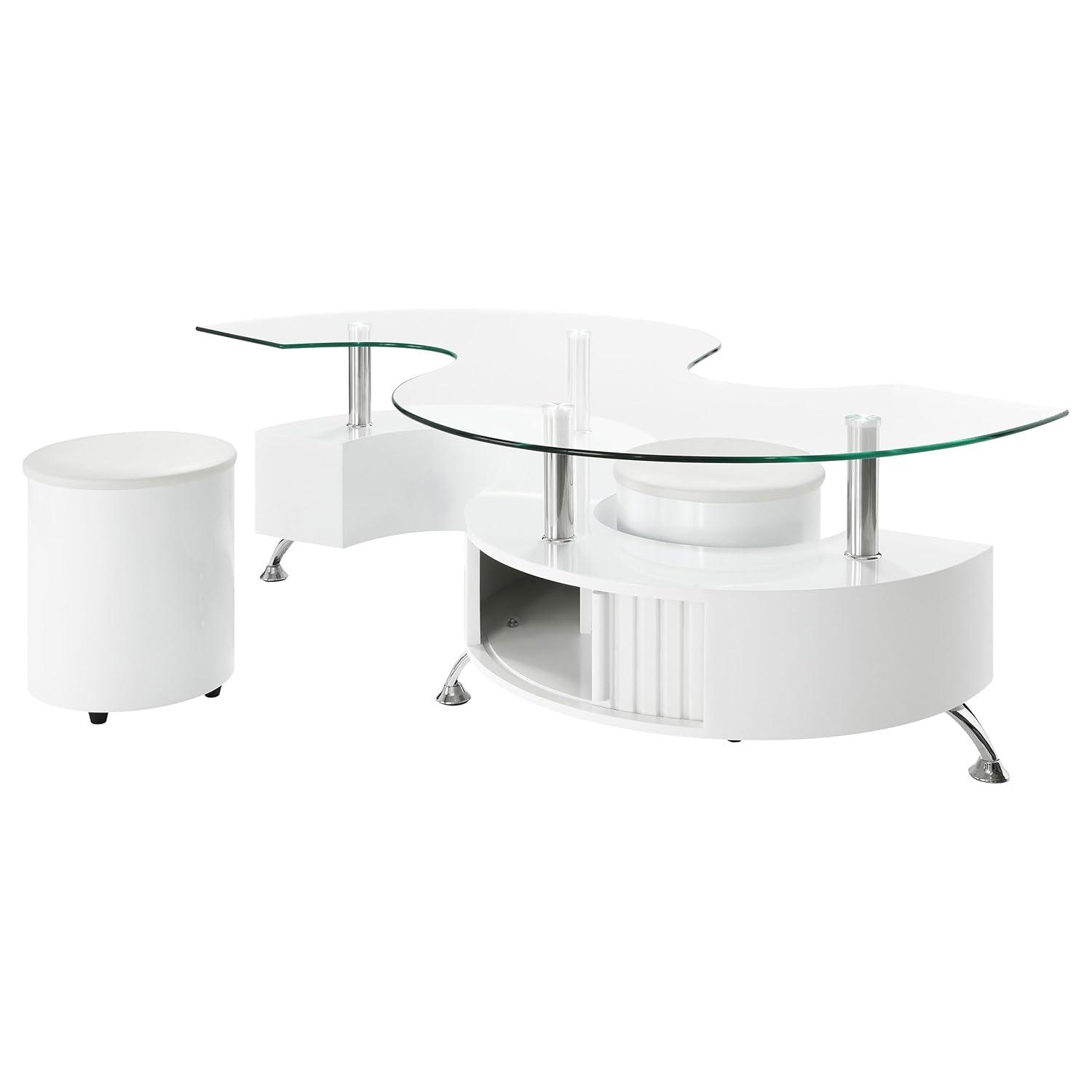 Coaster Buckley Wood Curved Glass Top Coffee Table With Stools in White