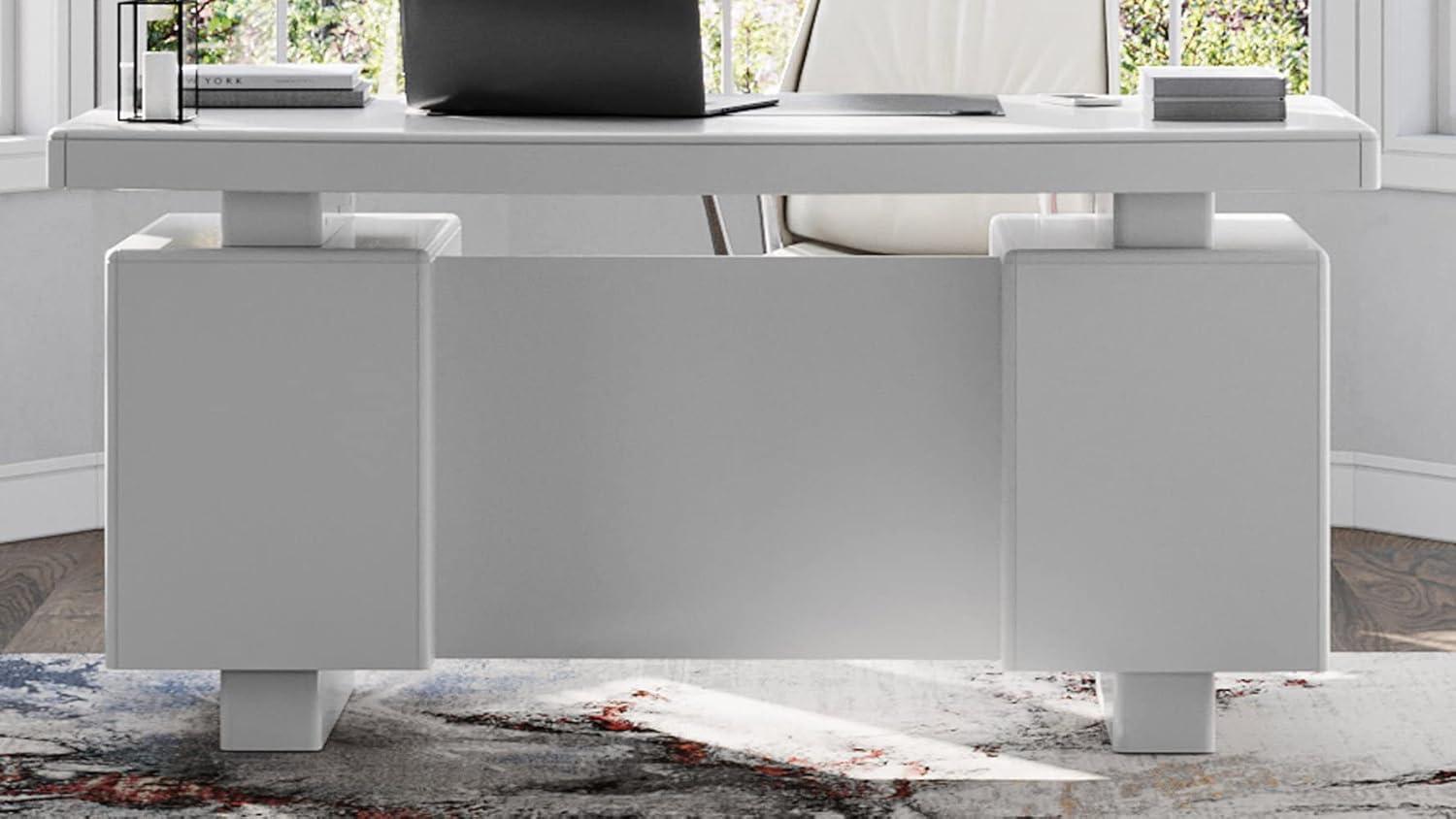 White Lacquer Modern Desk with Black Faux Leather Pad and Storage