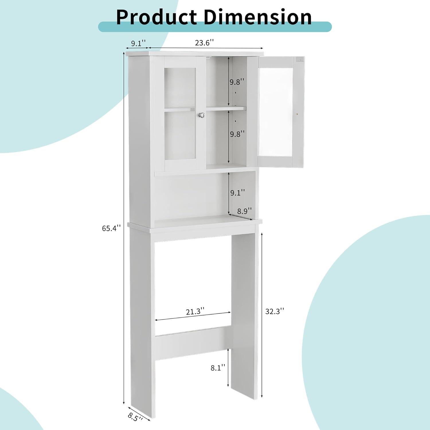 White Adjustable Over-the-Toilet Storage Cabinet with Glass Doors