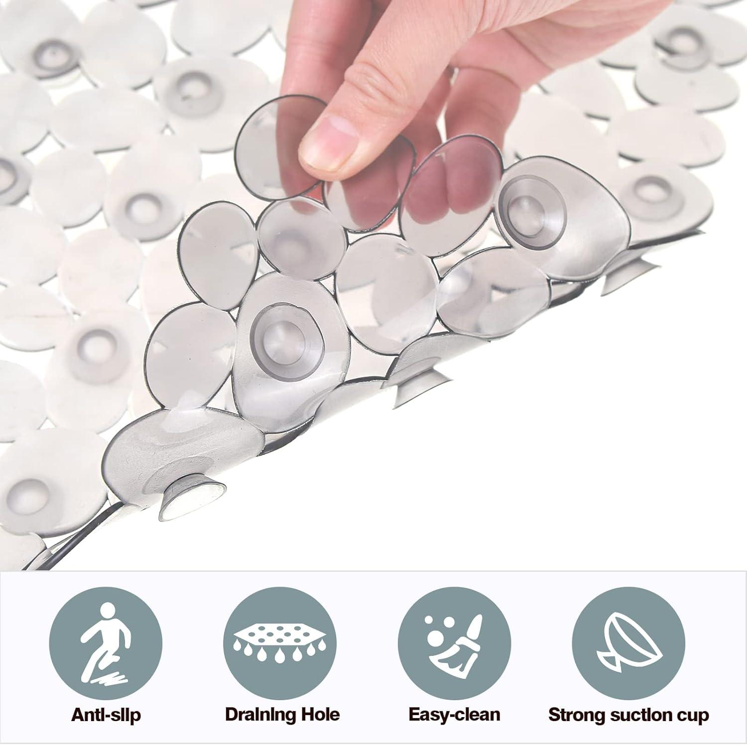 Gray PVC Pebble Bath Mat with Suction Cups and Drain Holes, 35x16 Inches