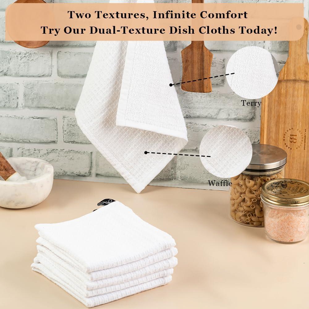 6 Pack 100% Cotton Kitchen Dish Cloths, Waffle Weave Dish Cloths for Washing Dishes, Quick Drying Kitchen Dish Towels Rags, 12x12 Inches, White