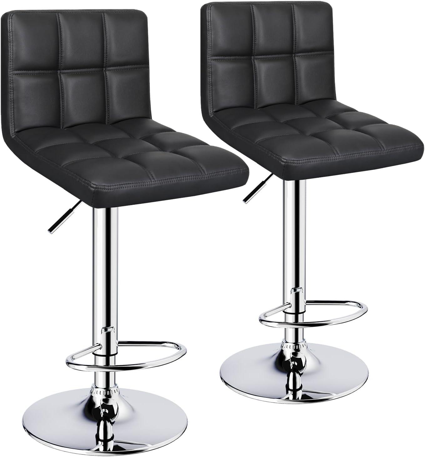 Barstools Set of 2 Counter Height Bar Stools Height Adjustable Back PU Leather Swivel Stools Hydraulic Swivel Dining Chairs for Kitchen Bar Restaurant Living Room, Black