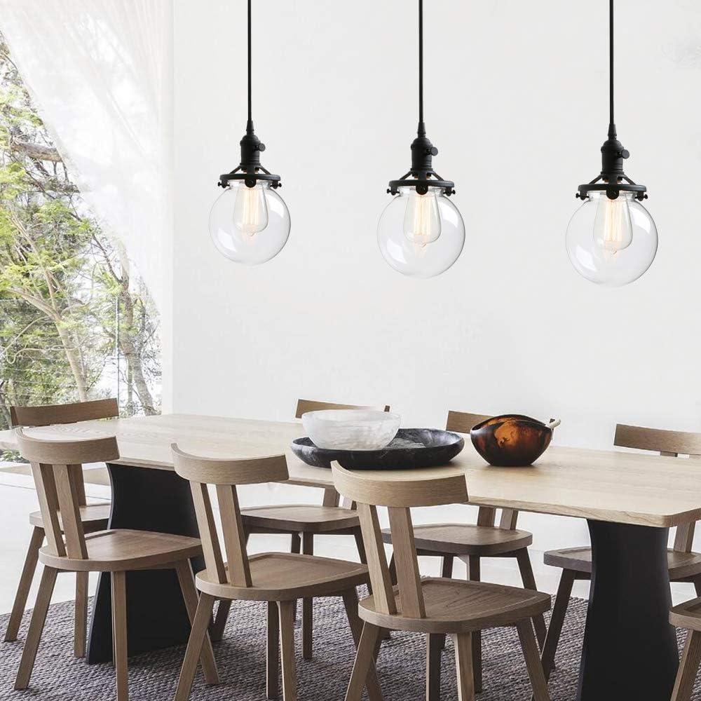 PERMO Vintage Rustic Industrial 3-Lights Kitchen Island Chandelier Triple 3 Heads Pendant Hanging Ceiling Lighting Fixture with Funnel Flared Clear Glass Shade (Black)