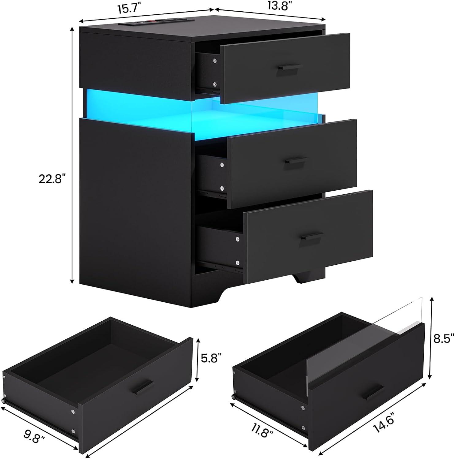 Nightstand with Acrylic LED Light, End Side Table with Charging Station and 3 Drawers, Bedside Table for Bedroom, Black