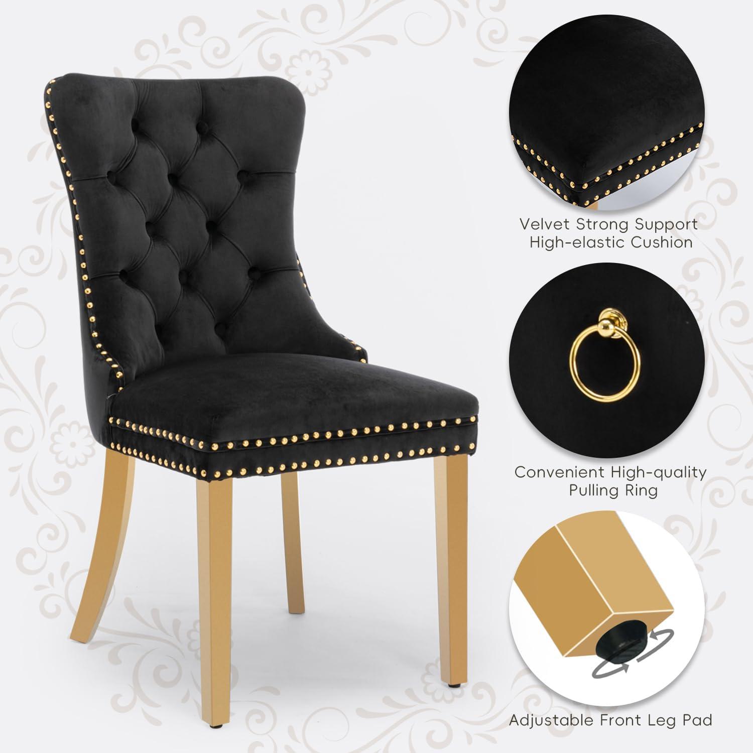 ODUSE-DAILY Black Velvet Dining Chairs Set of 6, Kitchen & Dining Room Chairs, Nailheads Tufted, Sillas De Comedor, Fabric Upholstered, Golden Metal Legs (Black, 6 Pcs)