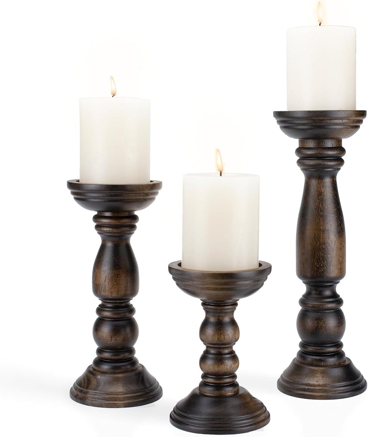 DecMode 3 Candle Brown Wood Candle Holder, Set of 3