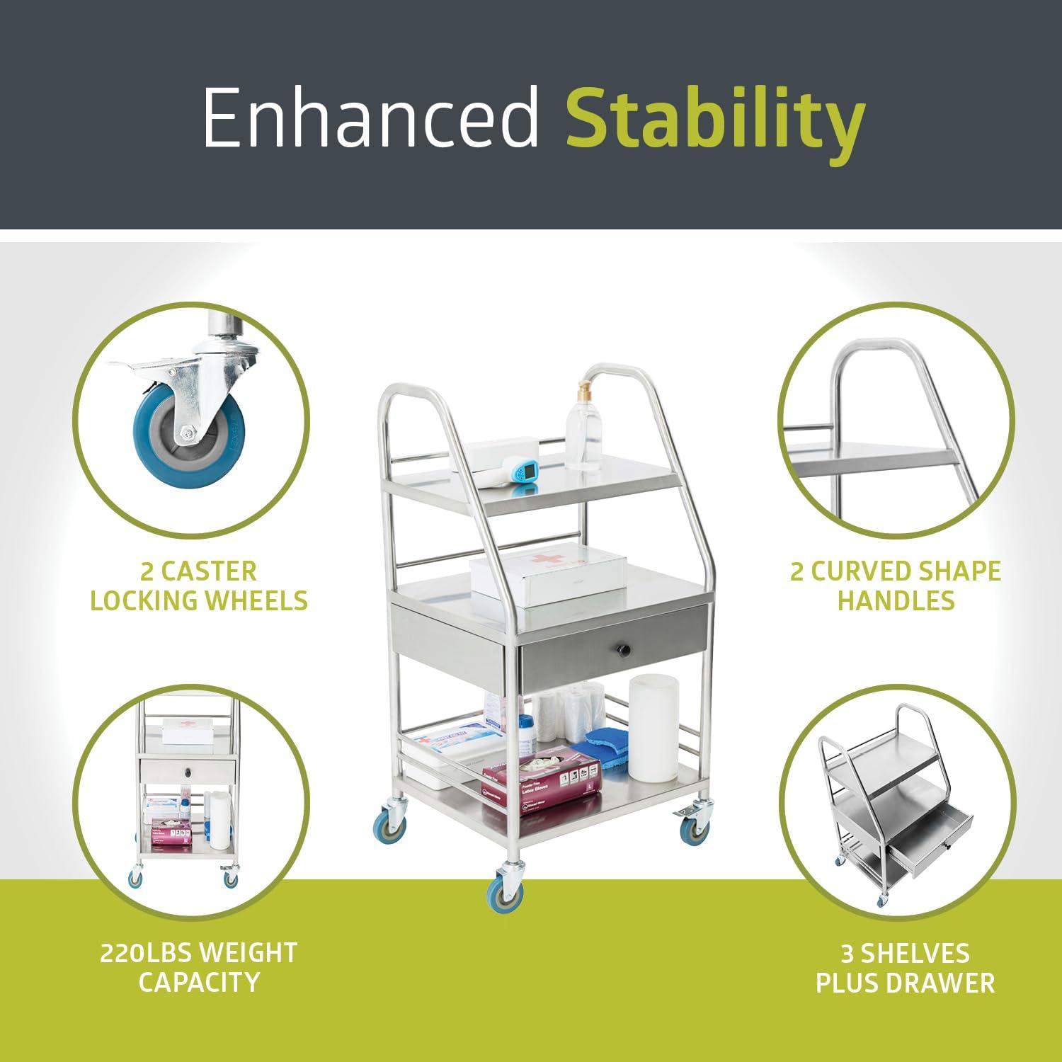 Stainless Steel 3-Shelf Rolling Lab Cart with Drawer