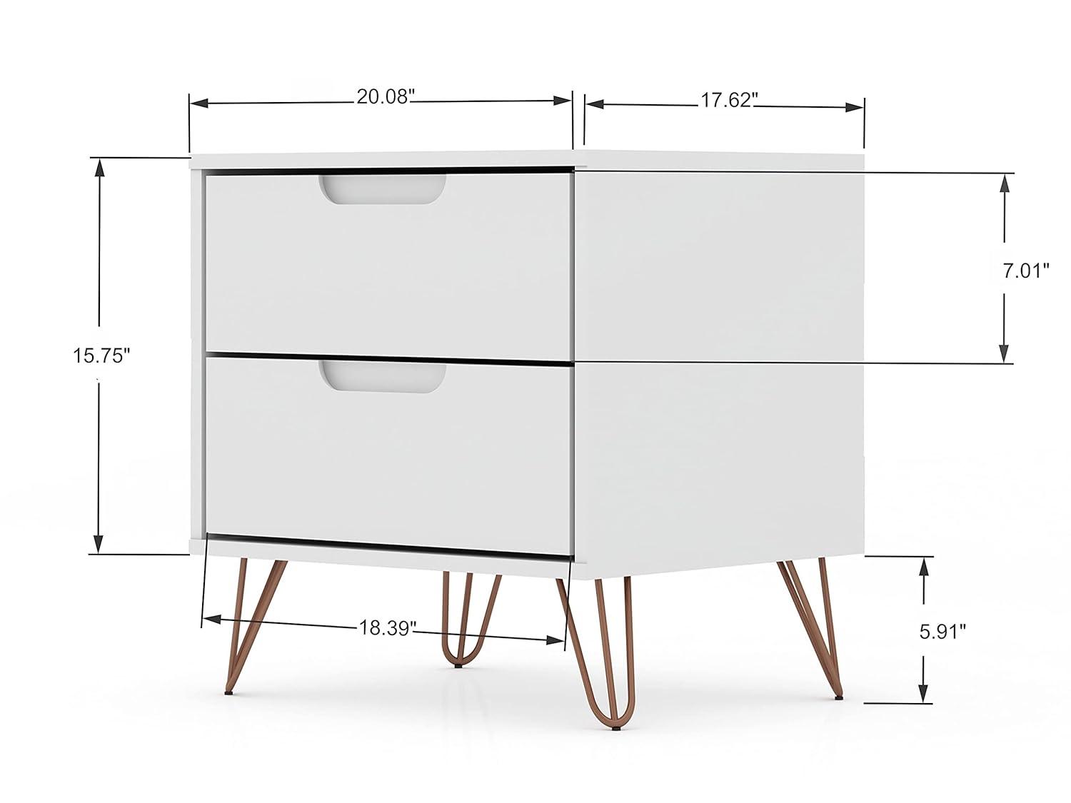 Set of 2 Rockefeller 2 Drawer Nightstands White - Manhattan Comfort: Modern Splayed Metal Legs, MDF