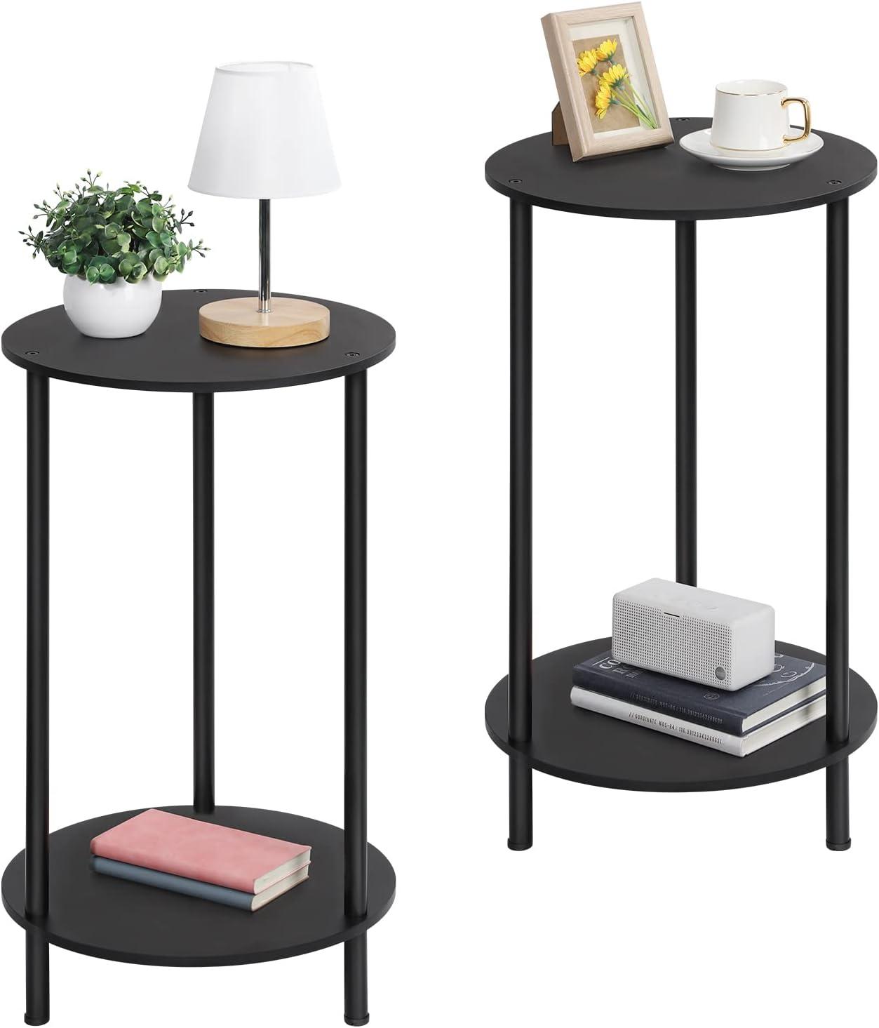 Small Round Side Table, End Tables Living Room Set of 2, Black Night Stands for Bedrooms, Small Side Table for Small Spaces，2 Tiers Modern Side Table with Storage Shelf, Easy to Assemble