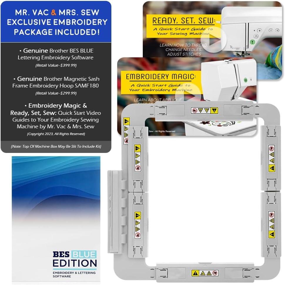 Brother NQ3550W Sewing & Embroidery Machine, 6" x 10" Field Size, 291 Stitches, Includes BES Lettering Software + Brother Magnetic SAMF180 Hoop + Mr. Vac & Mrs. Sew - Embroidery + Sewing Videos