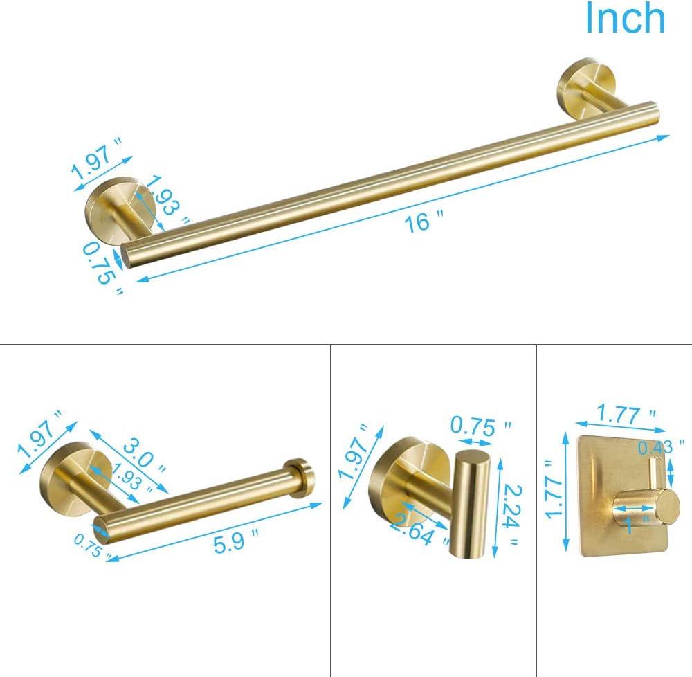 5 PCS Bathroom Hardware Set SUS304 Stainless Steel-Towel Rack Set Include Lengthen Hand Towel Bar+Toilet Paper Holder+3 Robe Towel Hooks Bathroom Accessories Towel Bar Set (Brushed Gold, 16IN)