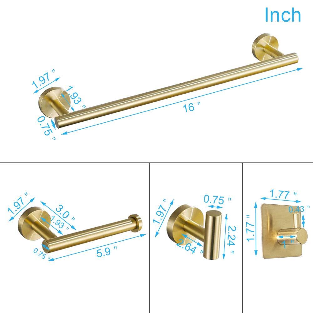 5 PCS Bathroom Hardware Set SUS304 Stainless Steel-Towel Rack Set Include Lengthen Hand Towel Bar+Toilet Paper Holder+3 Robe Towel Hooks Bathroom Accessories Towel Bar Set (Brushed Gold, 16IN)