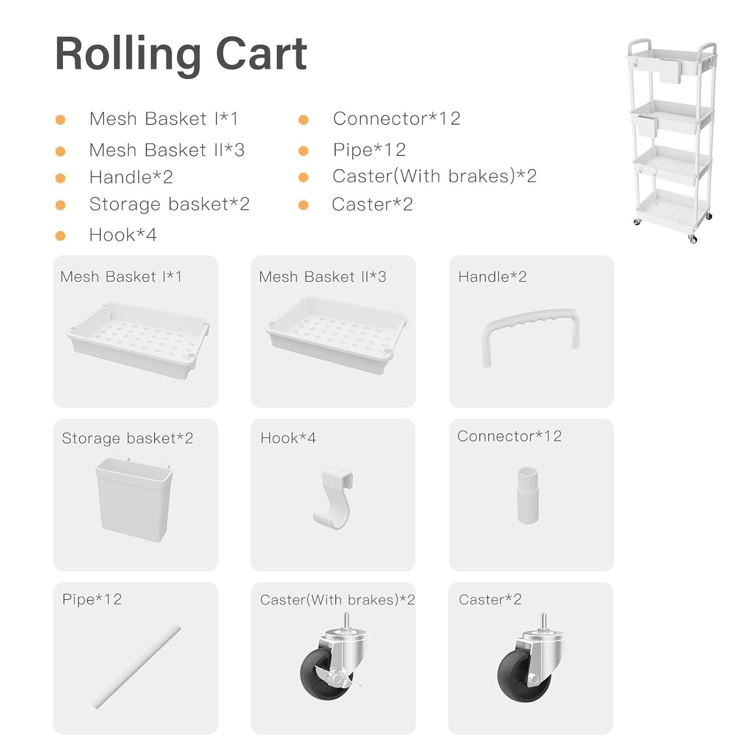 4 Tier Rolling Utility Cart with Handle,REBECAT Utility Cart Made of Multifunctional Storage Organizer Tool for Kitchen,Bathroom,Living Room,Office(White)