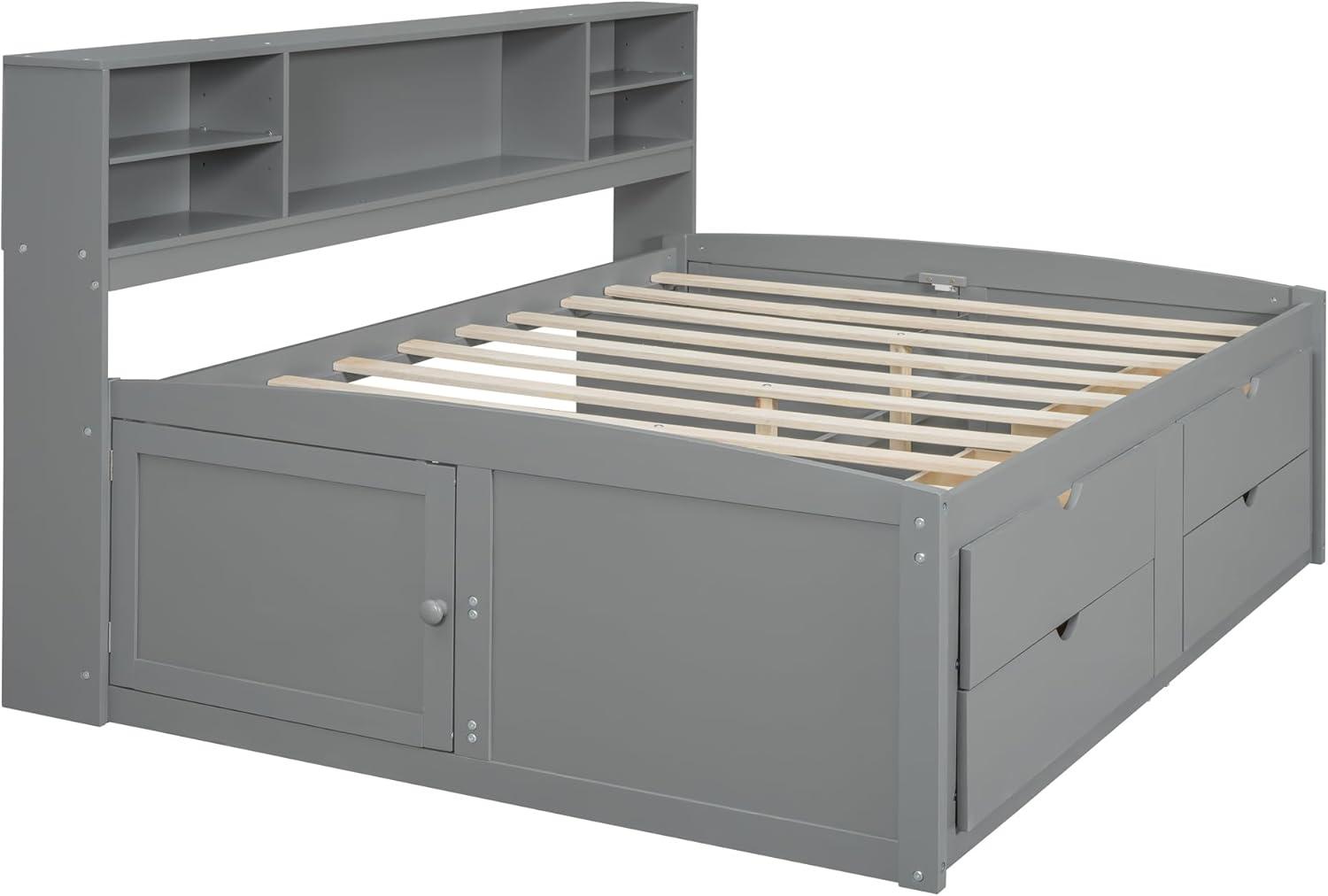 Harper & Bright Designs Full Size Storage Daybed with 4 Drawers, Bookcase and 2 Bedside Cabinets, Solid Wood Full Captain’s Bed Frame for Kids Teens Adults, No Box Spring Needed (Gray)