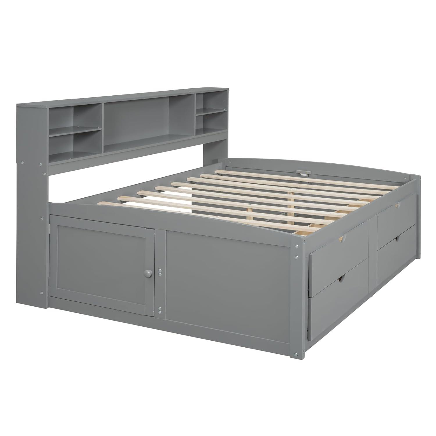 Harper & Bright Designs Full Size Storage Daybed with 4 Drawers, Bookcase and 2 Bedside Cabinets, Solid Wood Full Captain’s Bed Frame for Kids Teens Adults, No Box Spring Needed (Gray)