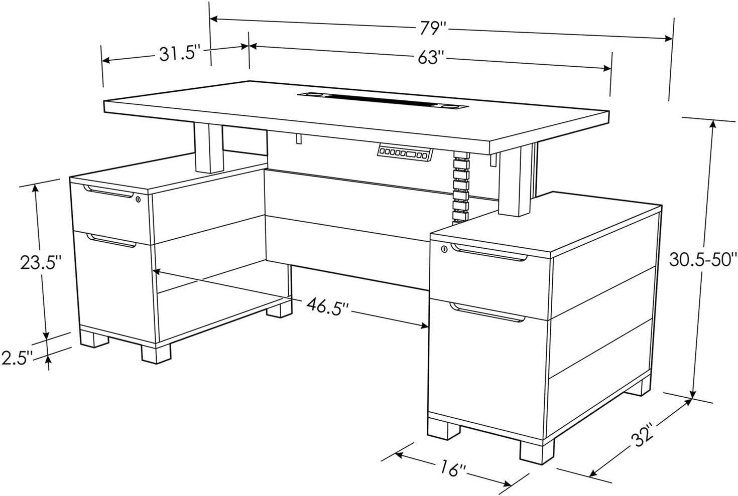 White Adjustable Height Desk with Filing Cabinets and Drawers