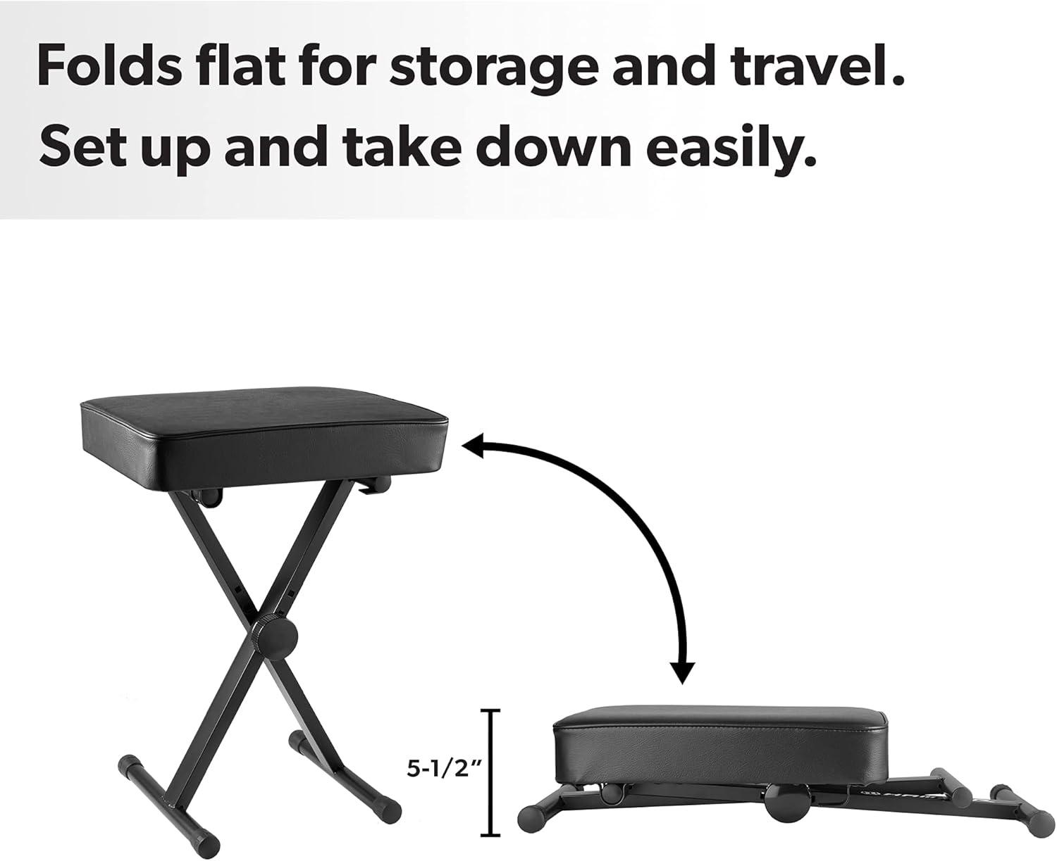 Hamzer Cushioned Piano Bench, Adjustable Keyboard Stool Chair - Foldable & Portable w/ Padded Cushion, Black