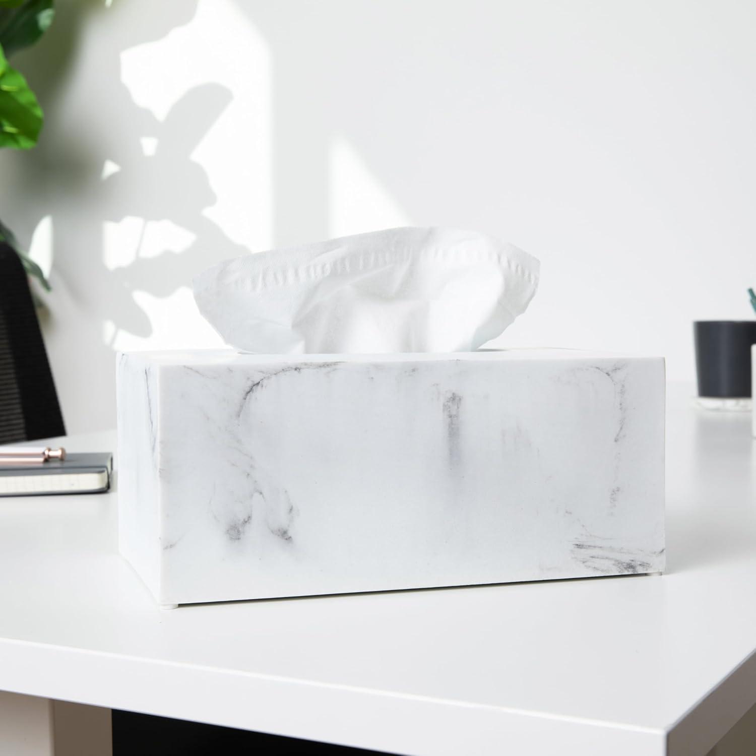 Essentra Home Rectangular Tissue Box Cover, White Marble Heavy Facial Tissue Holder – Blanc Collection