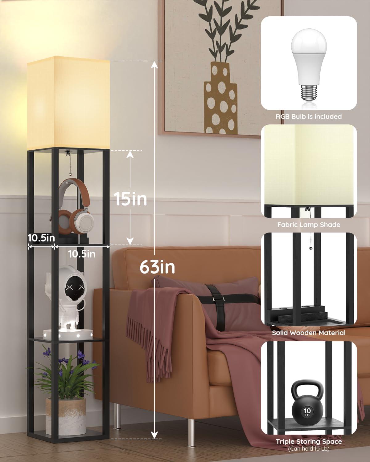 Matt Black Solid Wood Shelf Floor Lamp with USB Charging Ports