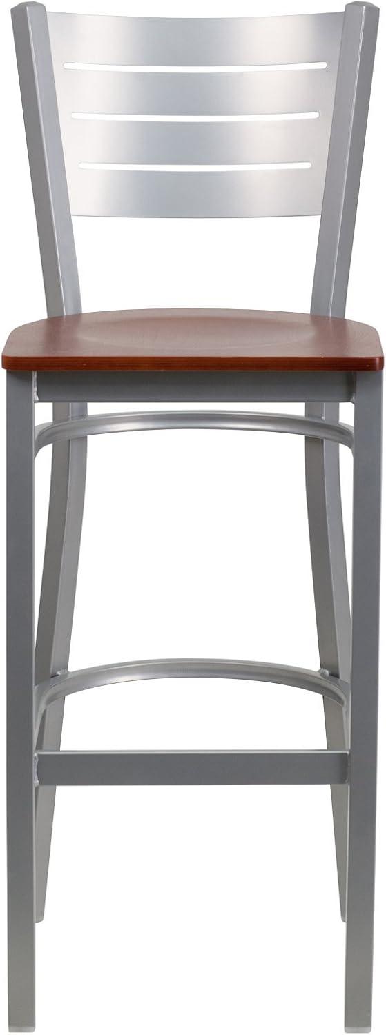 Sleek Silver Metal and Mahogany Wood Slat Back Barstool