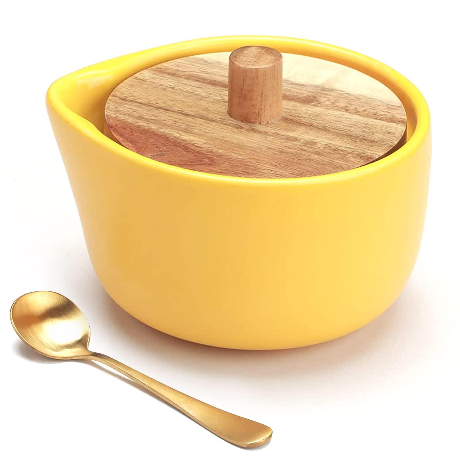 everous Salt Box(yellow) Salt Cellar Elegant Design Decorative Boxes Big Capacity Wood yellow Ceramic Base