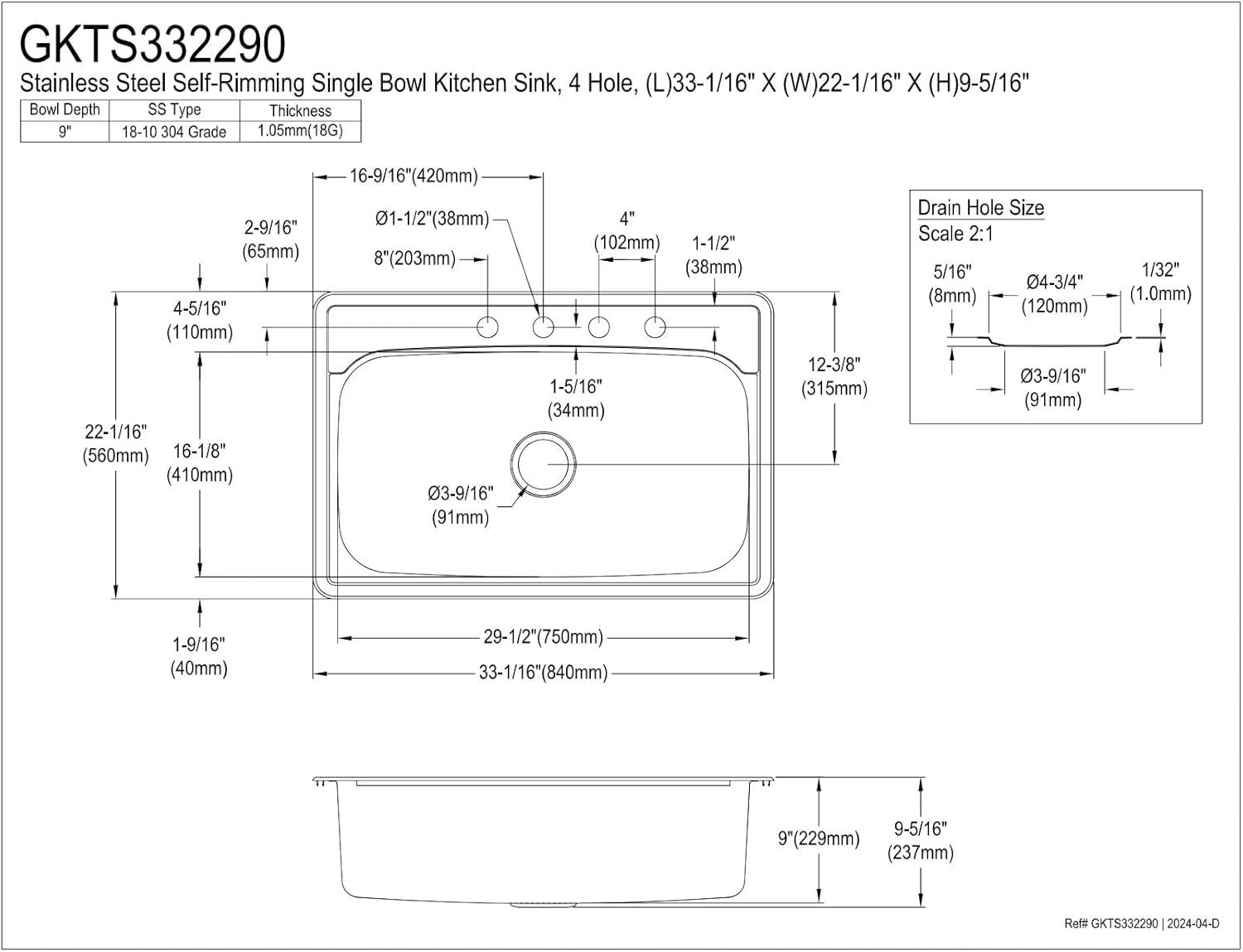 Brushed Stainless Steel 33-Inch Single Bowl Drop-In Kitchen Sink