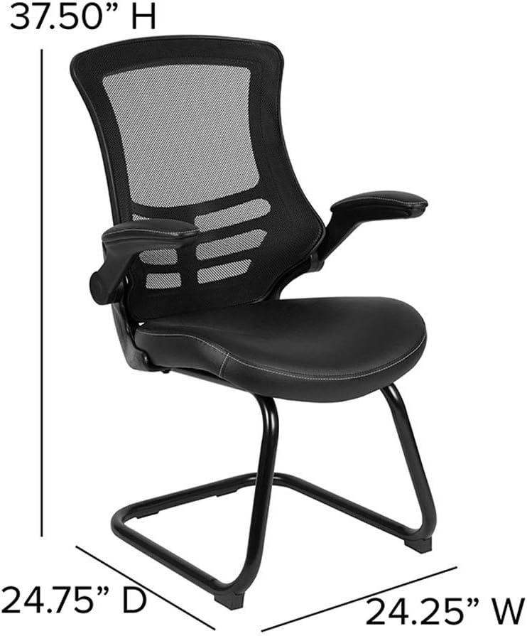 Flash Furniture Kelista Black Mesh Sled Base Side Reception Chair with White Stitched LeatherSoft Seat and Flip-Up Arms