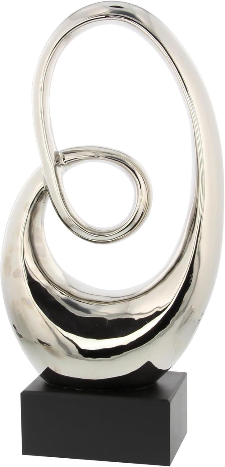 21" Silver Ceramic Swirl Abstract Sculpture with Black Base