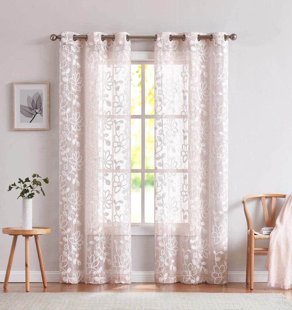 Blush Sheer Linen Grommet Window Panels with Floral Embroidery