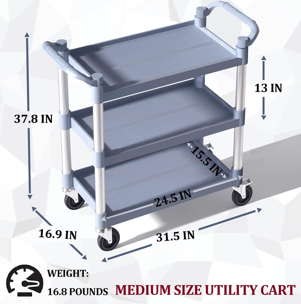 Service Cart Heavy Duty 3-Shelf Rolling Utility/Push Cart with Lockable Wheels, 360 lbs. Capacity, for Foodservice/Restaurant/Cleaning