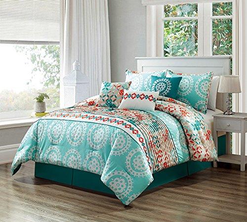 GrandLinen - 4 Piece Turquoise Blue/Orange/Grey Patchwork Microfiber Curtain Set 108 inch Wide X 84 inch Long (2 Window Panels, 2 Ties)