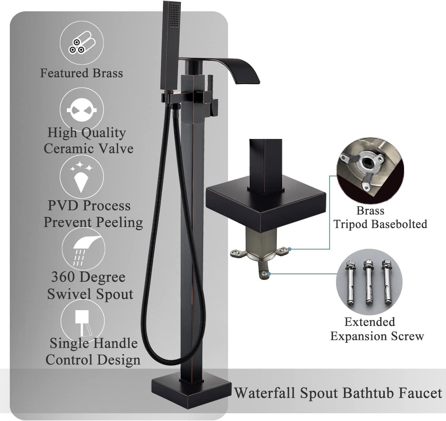 Senlesen Barthroom Tub Filler Faucet Floor Mounted Bathtub Shower Faucet Waterfall Spout Free Standing Tub Mixer Tap with Handheld Sprayer