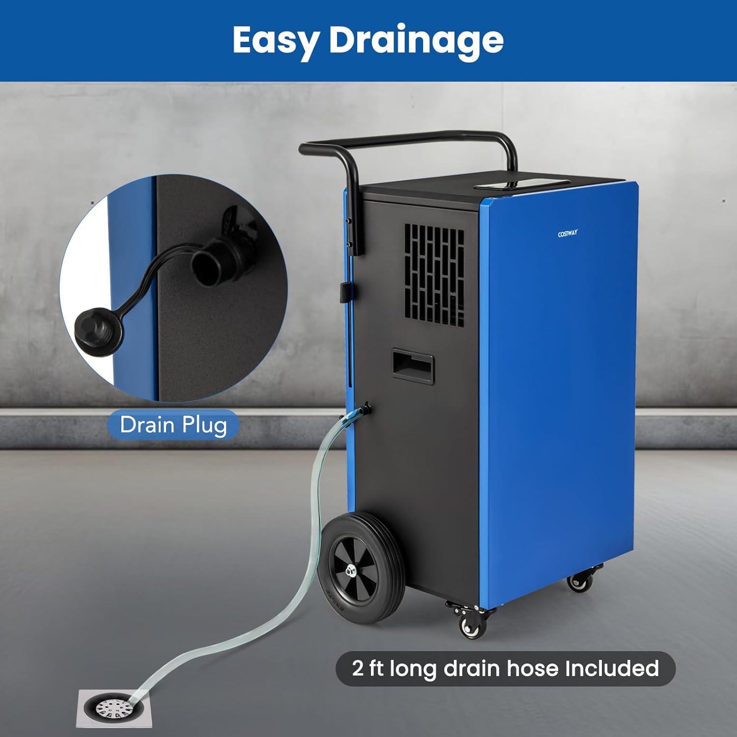 Blue Portable Commercial Dehumidifier with Humidistat and Timer