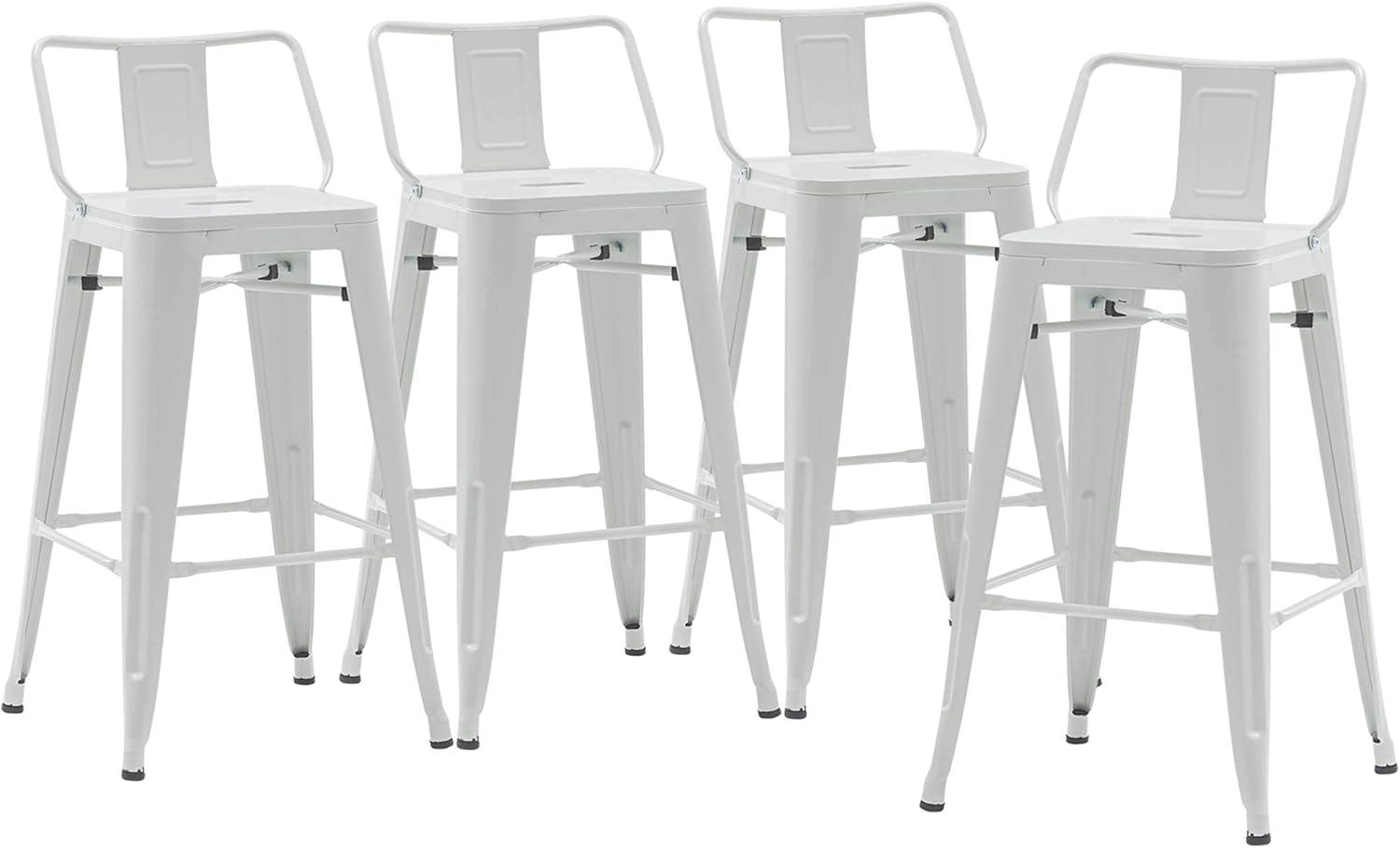 Drevy Metal Barstools Set of 4 Industrial Bar Stools Counter Stools with Backs Indoor-Outdoor Counter Height Bar Stools (26 inch, White)