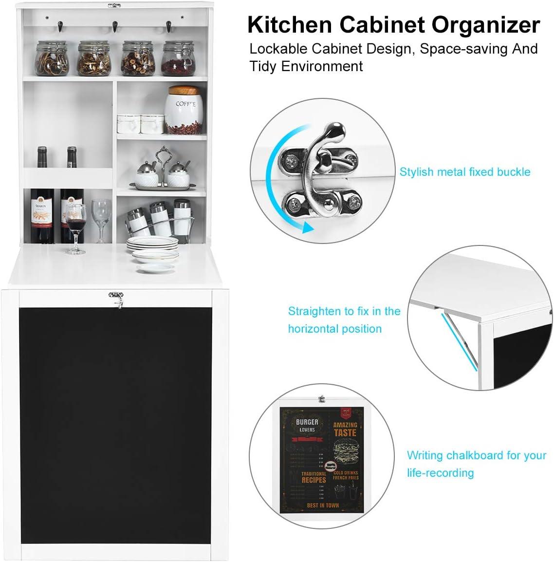 Folding Wall Desk, Wall Mounted Fold Out Table with Storage Shelves & Hooks, Hideaway Desk with Chalkboard, Floating Corner Desk for Small Spaces (White)