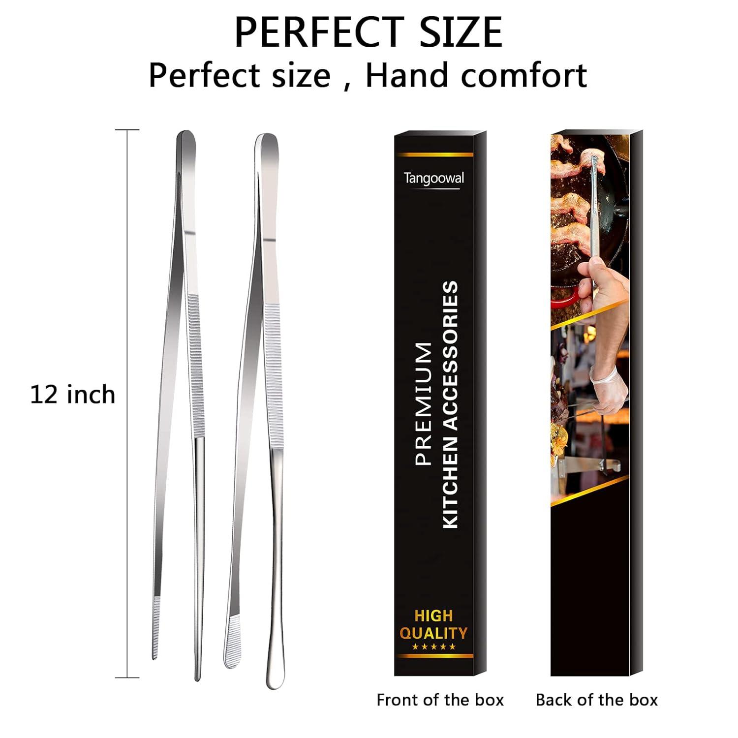 Bentne 12Inch Fine Tweezer Tongs 2pcs Extra Long Stainless Steel Tweezers Tongs for Outdoor BBQ Daily Cooking