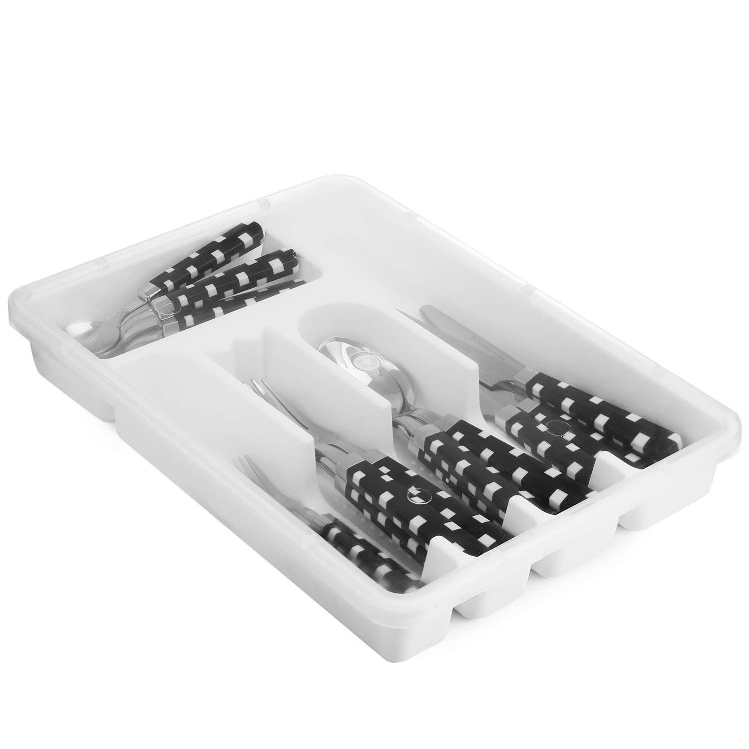 Zilpoo Flatware Tray with Lid Plastic Camper Picnic Cutlery and Utensil Drawer Organizer Kitchen Silverware Storage Container with Cover White