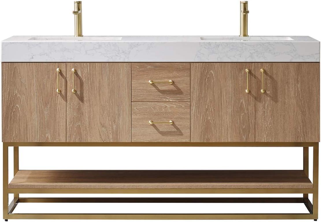 Alistair 60" Oak Double Vanity with White Stone Top and Brushed Gold Trim