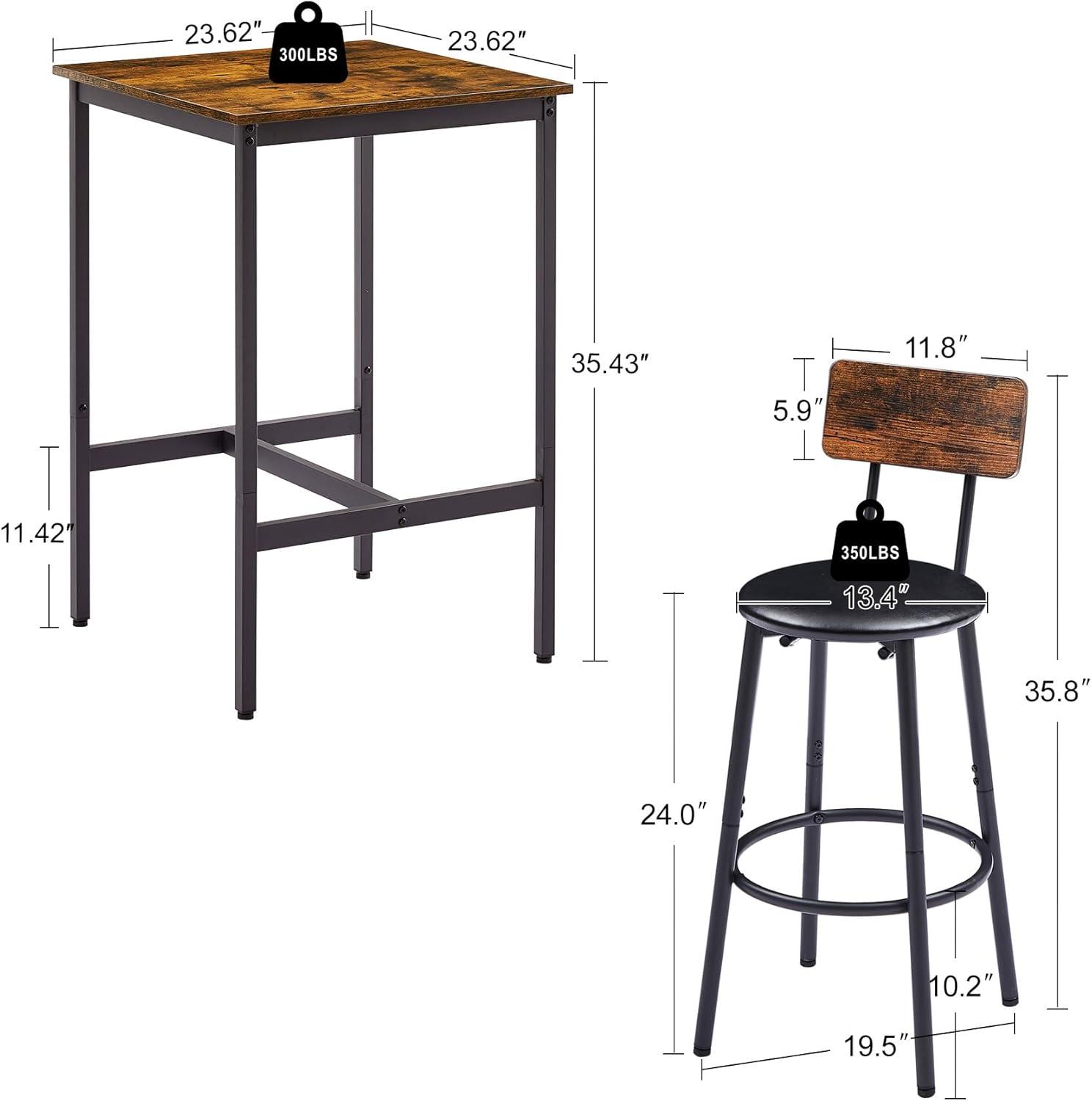 3 Pieces Bar Table Set, Counter High Pub Table Set with 2 Chairs, Wood Top Dining Table with 2 Backrest Stools, Saving Space Kitchen Table & Chair Set for Bistro Apartment, Brown