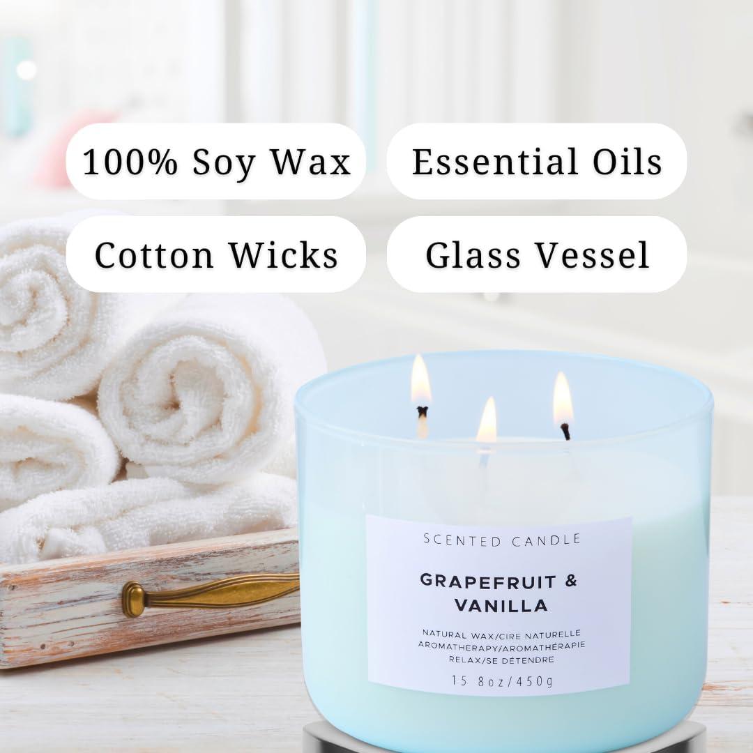 Grapefruit Vanilla Aromatherapy Candle 3 Wick Large Soy Scented Candles for Men and Women 15.8 Oz