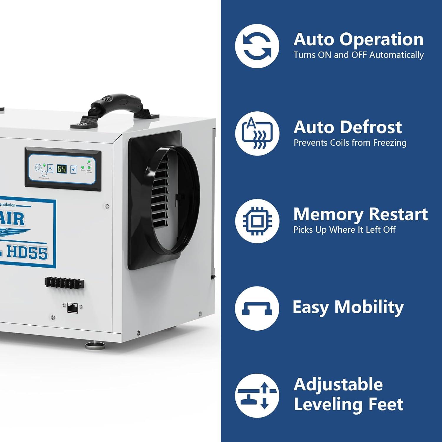 Alorair Sentinal Hd55 113 pt Dehumidifier in Blue - Automatic Shut Off, Adjustable Humistat,with Drain Hose for Crawl Spaces
