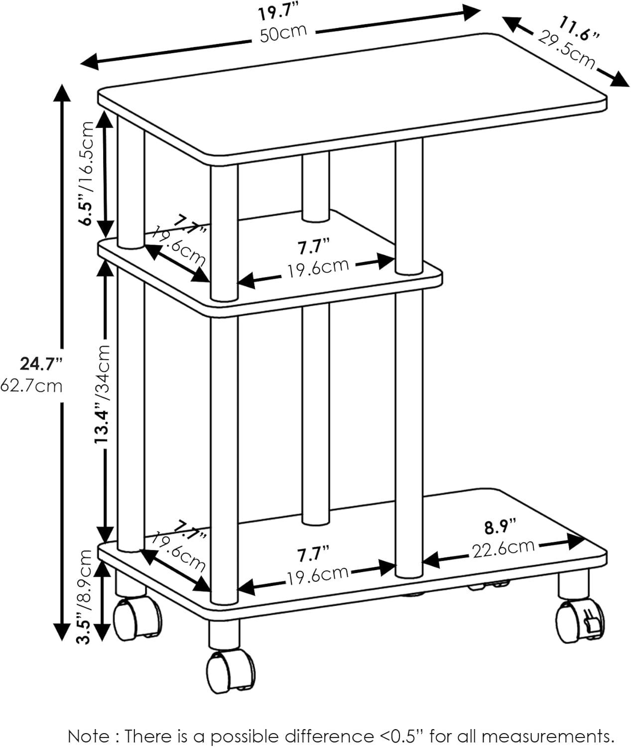 Furinno Turn-N-Tube U Shape Sofa Side Table with Casters, Americano, Stainless Steel Tubes