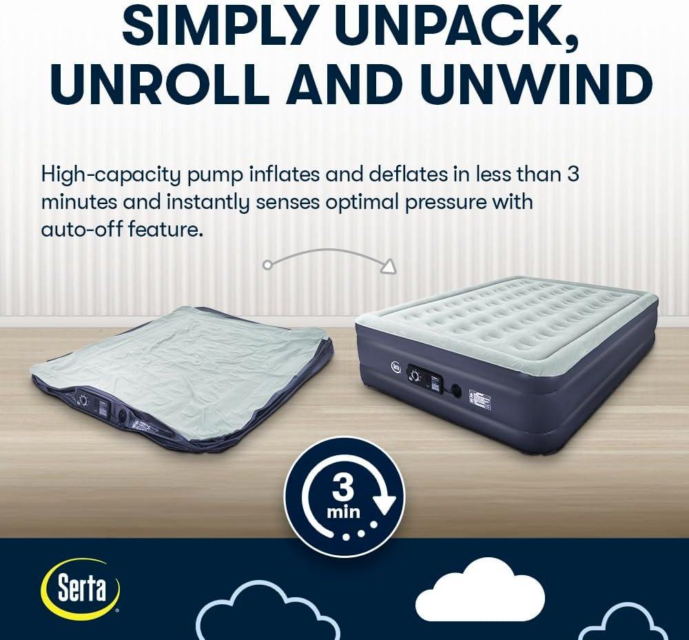Serta Raised Air Mattress with Never Flat Pump | Luxury Inflatable Mattress with Built in Air Pump to Ensure a Good Night’s Rest | Heavy Duty Blow Up Mattress with Self Inflating Pump