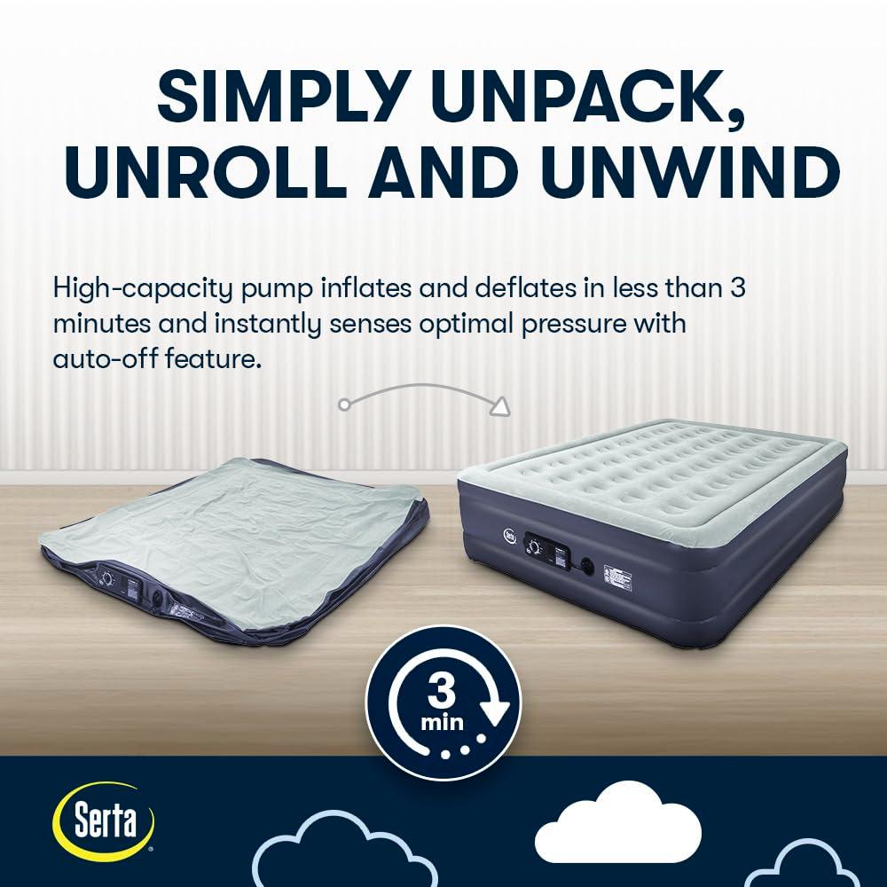 Serta Raised Air Mattress with Never Flat Pump | Luxury Inflatable Mattress with Built in Air Pump to Ensure a Good Night’s Rest | Heavy Duty Blow Up Mattress with Self Inflating Pump