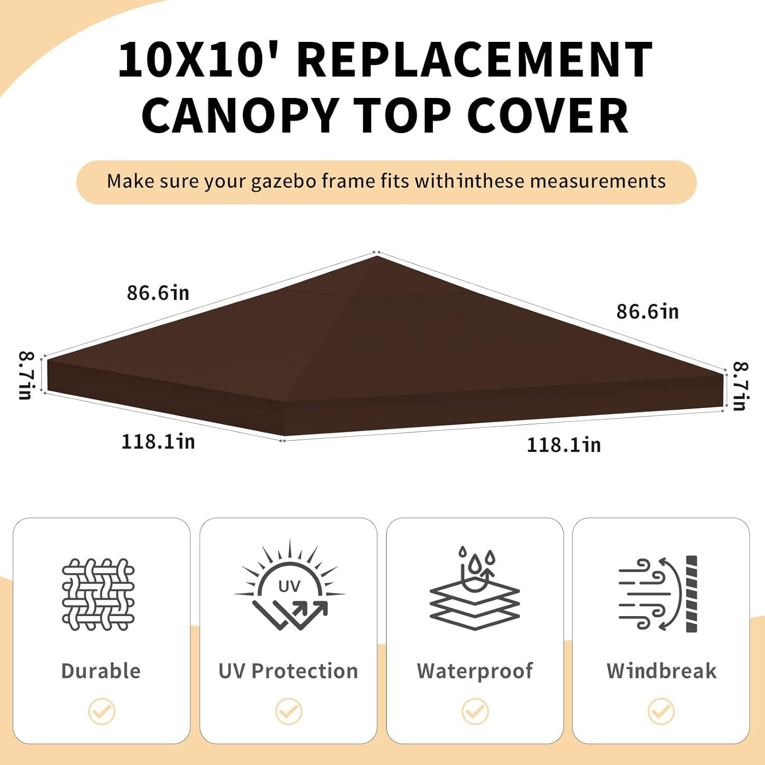 10x10 Ft Outdoor Patio Gazebo Replacement Canopy, Double Tiered Gazebo Tent Roof Top Cover Only（Frame Not Include）