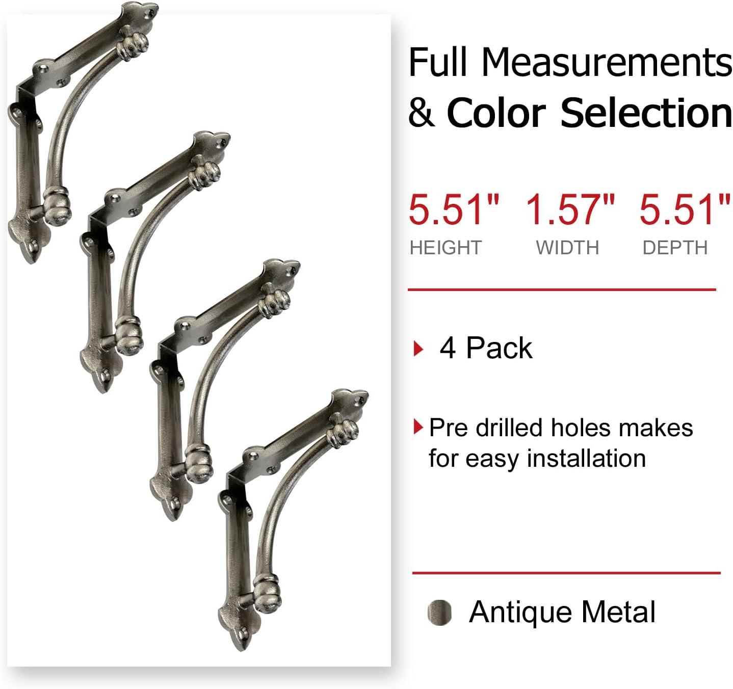 NACH Decorative Shelf Brackets, 4 Pack of 5.25 x 1.25 x 5.25 inch Antique Metal Cast Iron Shelf Brackets - Decorative Brackets for Mounting - Industrial Style Brackets