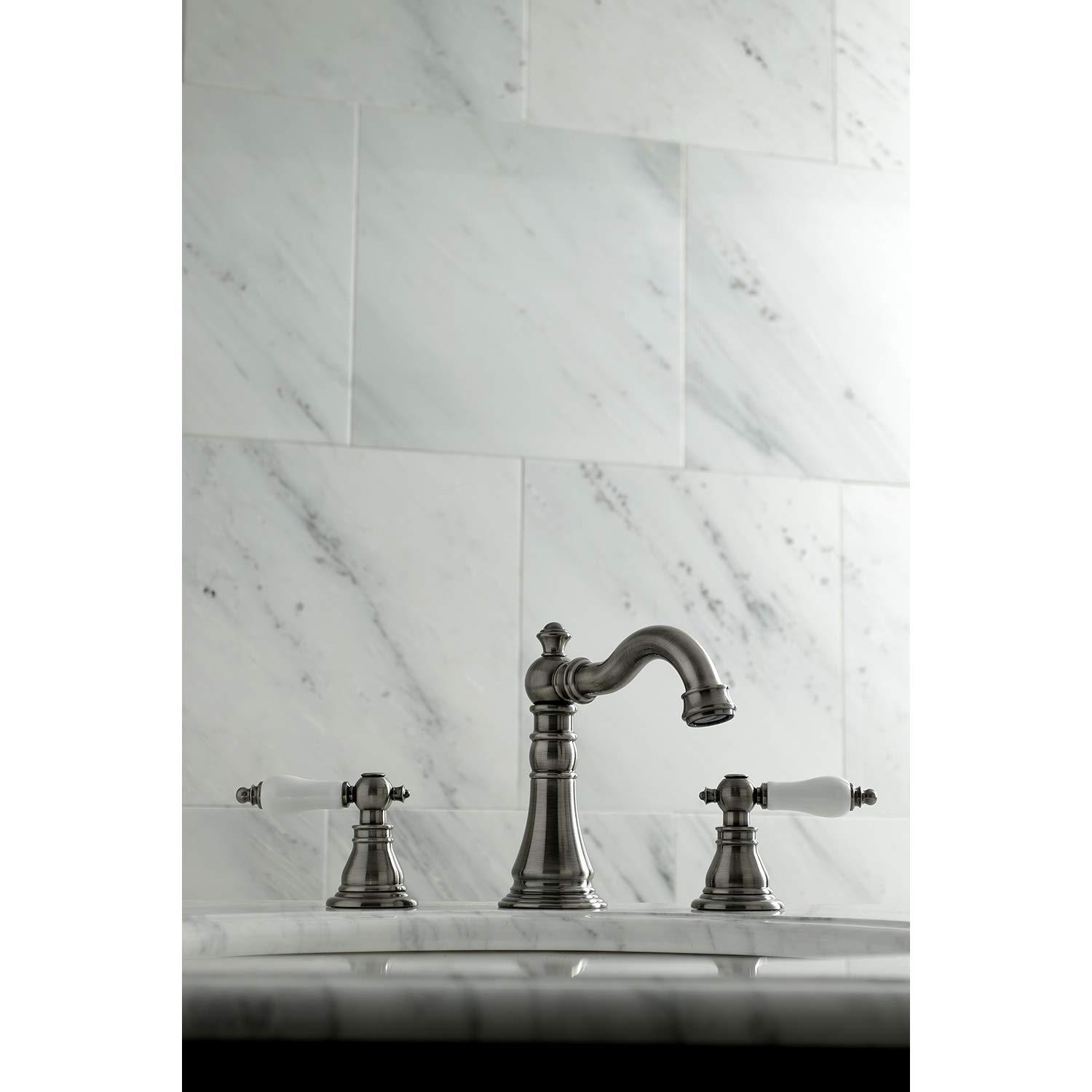 Kingston Brass American Patriot Two-Handle 3-Hole Deck Mount Widespread Bathroom Faucet with Brass Pop-Up Drain