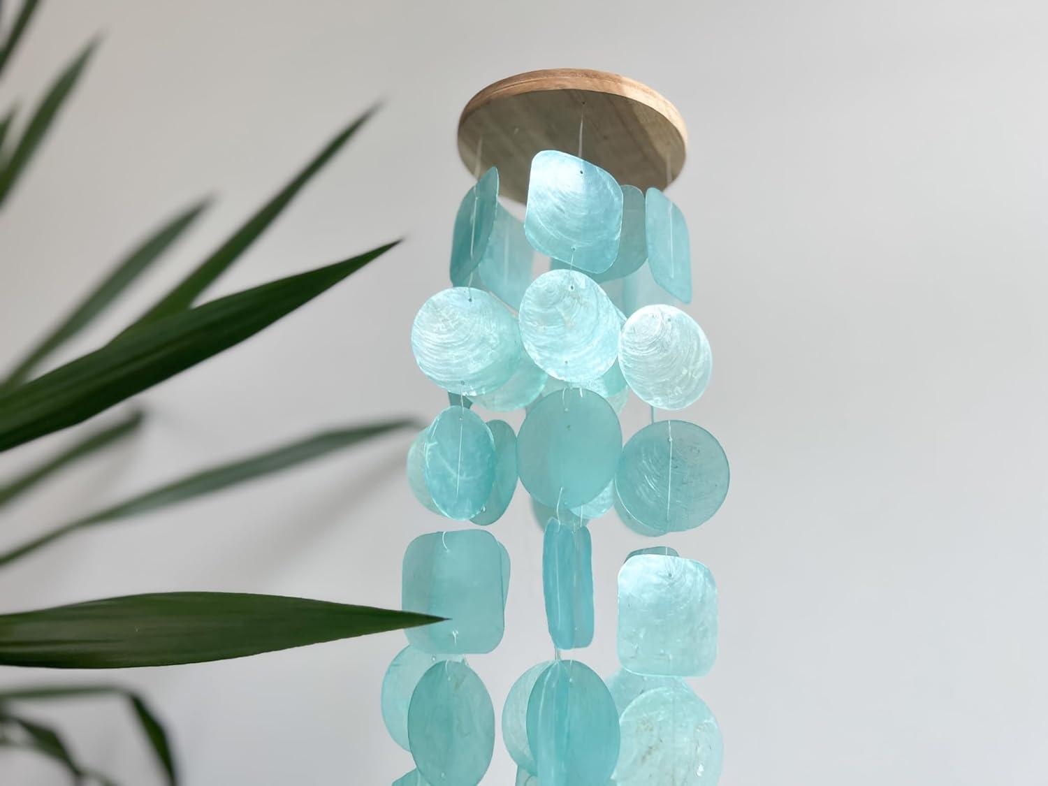 Natural Teakwood and Aqua Capiz Shell Outdoor Wind Chime