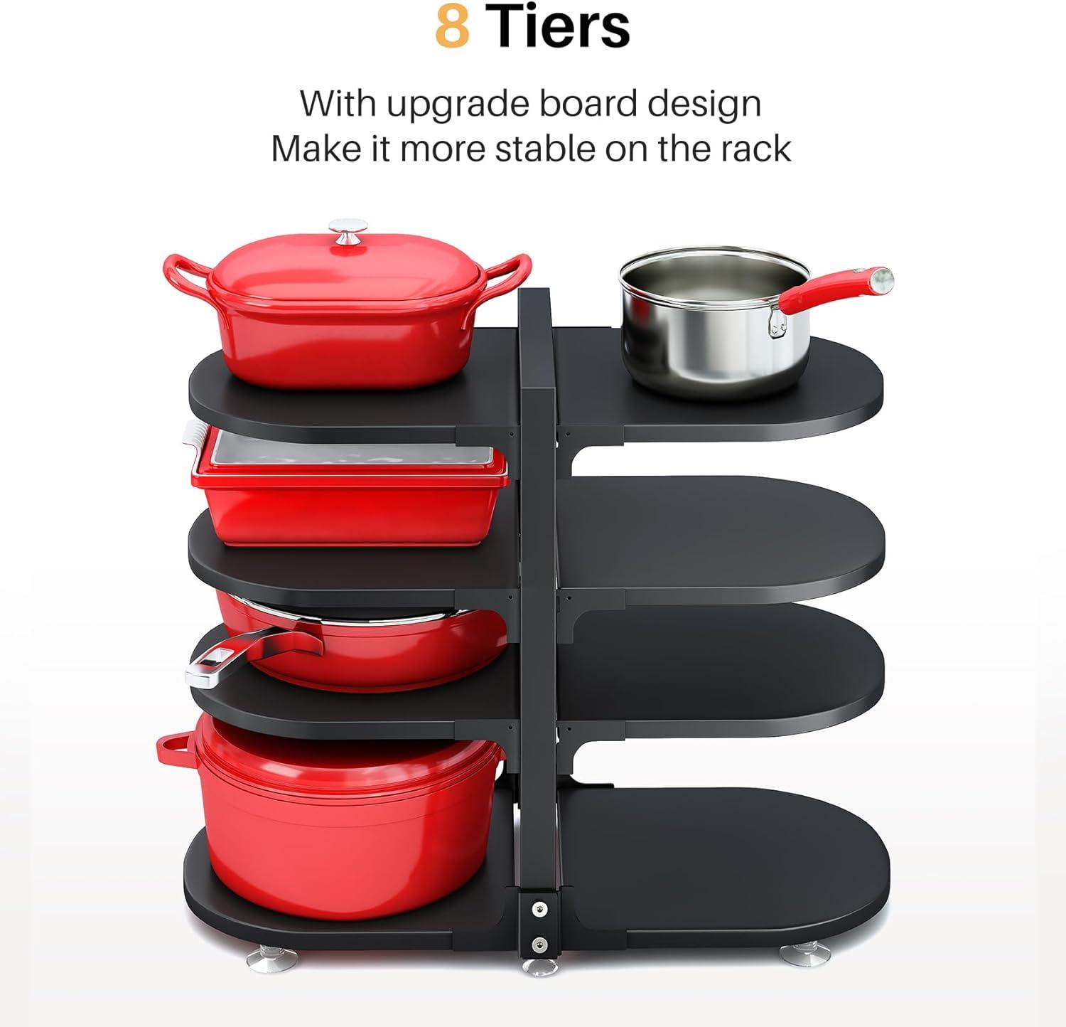 Pot and Pan Organizer for Cabinet, 8 Tier 21” Adjustable Cabinet Pan Organizer Rack Heavy Duty Pot Rack for Kitchen Storage, Snap-on Pot Pan Organizer with Panels for Stockpot and Steamer (Round)